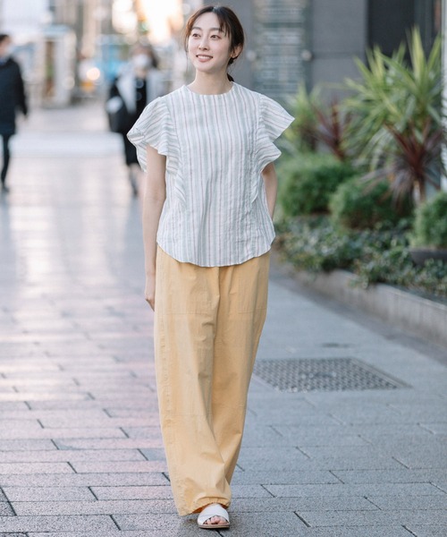 Munich（ミューニック）の「リネントップクオーターボーダーラッフルトップス（シャツ/ブラウス・レディース・ナチュラル/ブラック/ライトグリーン・FREE）」の4枚目の写真