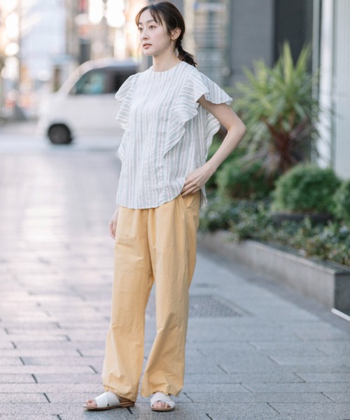 Munich（ミューニック）の「リネントップクオーターボーダーラッフルトップス（シャツ/ブラウス・レディース・ナチュラル/ブラック/ライトグリーン・FREE）」の5枚目の写真