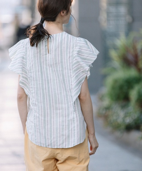 Munich（ミューニック）の「リネントップクオーターボーダーラッフルトップス（シャツ/ブラウス・レディース・ナチュラル/ブラック/ライトグリーン・FREE）」の10枚目の写真