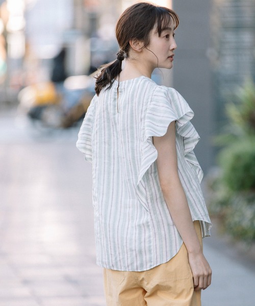 Munich（ミューニック）の「リネントップクオーターボーダーラッフルトップス（シャツ/ブラウス・レディース・ナチュラル/ブラック/ライトグリーン・FREE）」の9枚目の写真