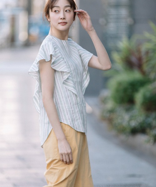 Munich（ミューニック）の「リネントップクオーターボーダーラッフルトップス（シャツ/ブラウス・レディース・ナチュラル/ブラック/ライトグリーン・FREE）」の8枚目の写真