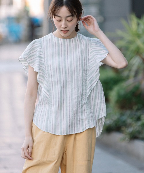 Munich（ミューニック）の「リネントップクオーターボーダーラッフルトップス（シャツ/ブラウス・レディース・ナチュラル/ブラック/ライトグリーン・FREE）」の7枚目の写真