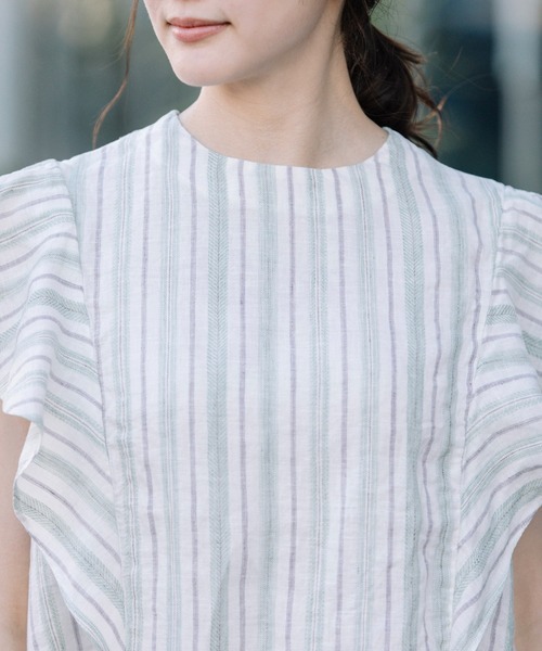 Munich（ミューニック）の「リネントップクオーターボーダーラッフルトップス（シャツ/ブラウス・レディース・ナチュラル/ブラック/ライトグリーン・FREE）」の11枚目の写真