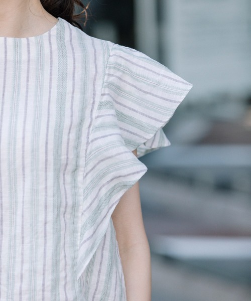 Munich（ミューニック）の「リネントップクオーターボーダーラッフルトップス（シャツ/ブラウス・レディース・ナチュラル/ブラック/ライトグリーン・FREE）」の12枚目の写真