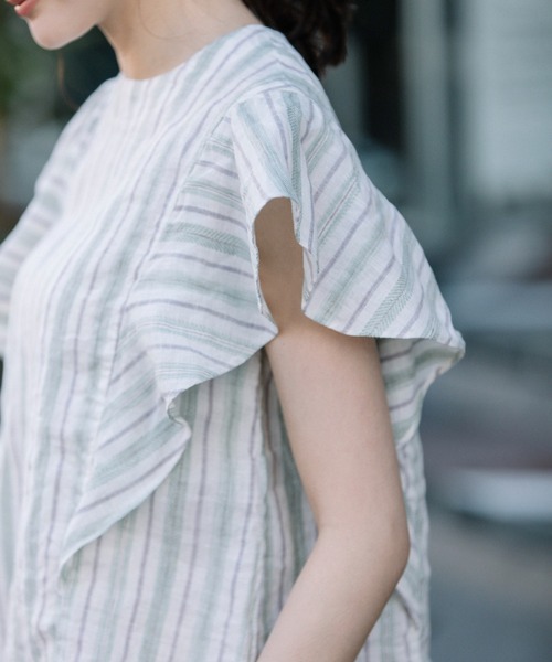 Munich（ミューニック）の「リネントップクオーターボーダーラッフルトップス（シャツ/ブラウス・レディース・ナチュラル/ブラック/ライトグリーン・FREE）」の13枚目の写真