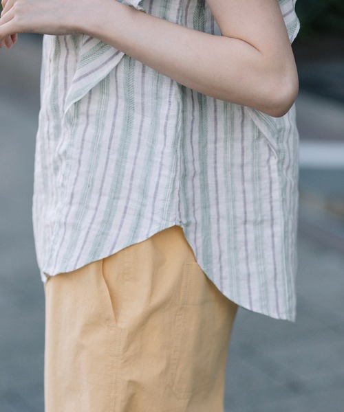 Munich（ミューニック）の「リネントップクオーターボーダーラッフルトップス（シャツ/ブラウス・レディース・ナチュラル/ブラック/ライトグリーン・FREE）」の15枚目の写真