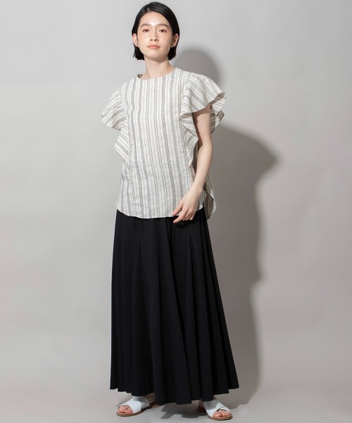 Munich（ミューニック）の「リネントップクオーターボーダーラッフルトップス（シャツ/ブラウス・レディース・ナチュラル/ブラック/ライトグリーン・FREE）」の17枚目の写真