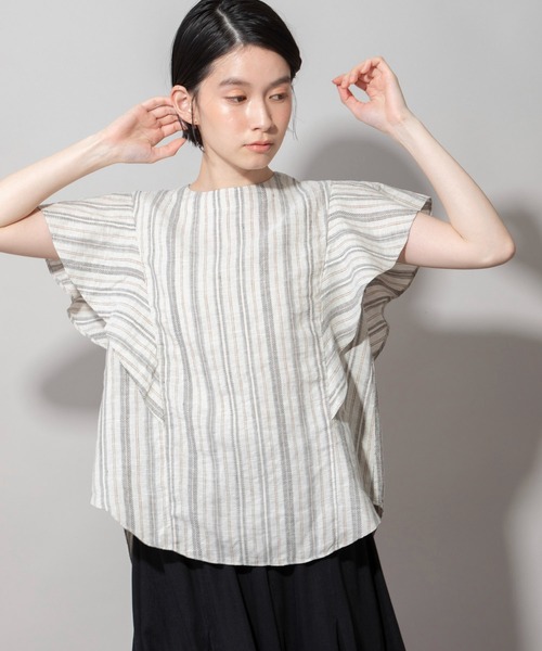 Munich（ミューニック）の「リネントップクオーターボーダーラッフルトップス（シャツ/ブラウス・レディース・ナチュラル/ブラック/ライトグリーン・FREE）」の20枚目の写真