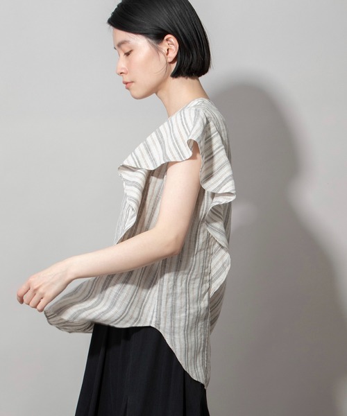 Munich（ミューニック）の「リネントップクオーターボーダーラッフルトップス（シャツ/ブラウス・レディース・ナチュラル/ブラック/ライトグリーン・FREE）」の21枚目の写真