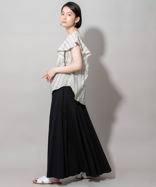 Munich（ミューニック）の「リネントップクオーターボーダーラッフルトップス（シャツ/ブラウス・レディース・ナチュラル/ブラック/ライトグリーン・FREE）」の18枚目の写真