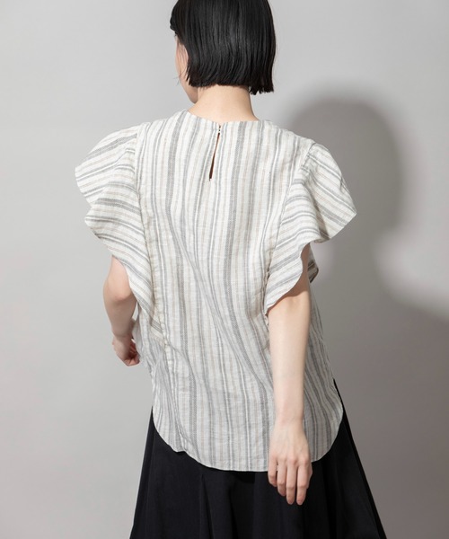 Munich（ミューニック）の「リネントップクオーターボーダーラッフルトップス（シャツ/ブラウス・レディース・ナチュラル/ブラック/ライトグリーン・FREE）」の22枚目の写真