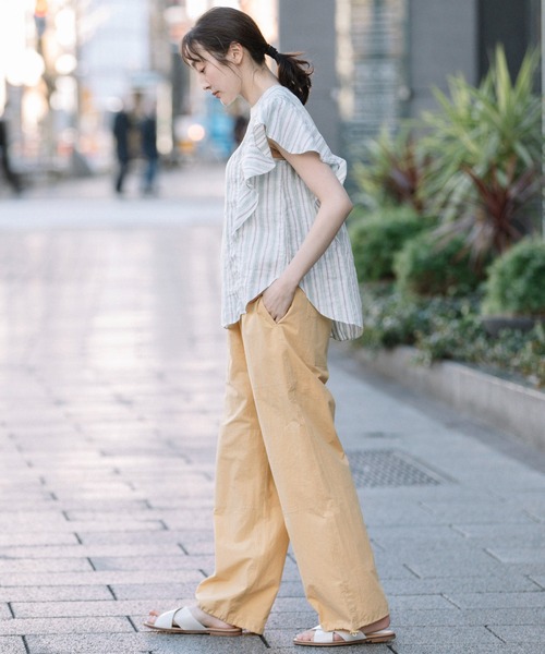 Munich（ミューニック）の「リネントップクオーターボーダーラッフルトップス（シャツ/ブラウス・レディース・ナチュラル/ブラック/ライトグリーン・FREE）」の6枚目の写真