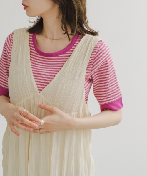 Kastane（カスタネ）の「【WEB限定】三角テレコリンガーボーダーTEE（Tシャツ/カットソー・レディース・ブラック/グリーン/ピンク・FREE）」の3枚目の写真