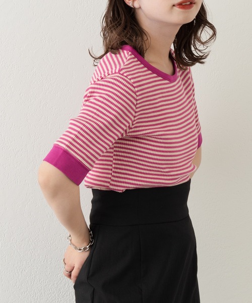 Kastane（カスタネ）の「【WEB限定】三角テレコリンガーボーダーTEE（Tシャツ/カットソー・レディース・ブラック/グリーン/ピンク・FREE）」の9枚目の写真