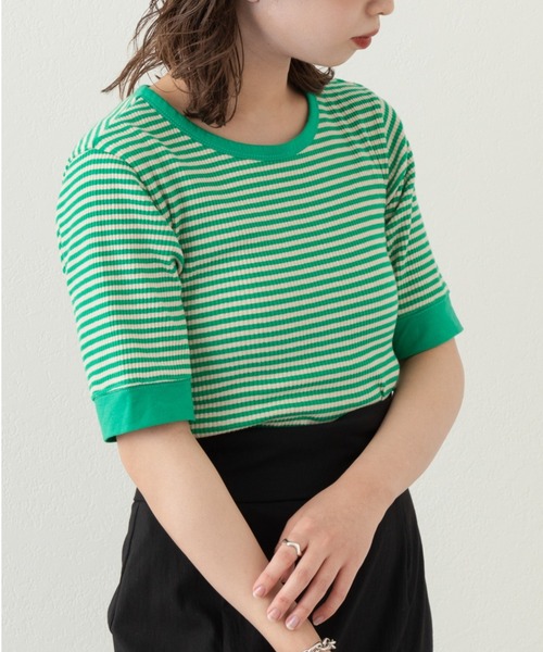 Kastane（カスタネ）の「【WEB限定】三角テレコリンガーボーダーTEE（Tシャツ/カットソー・レディース・ブラック/グリーン/ピンク・FREE）」の6枚目の写真