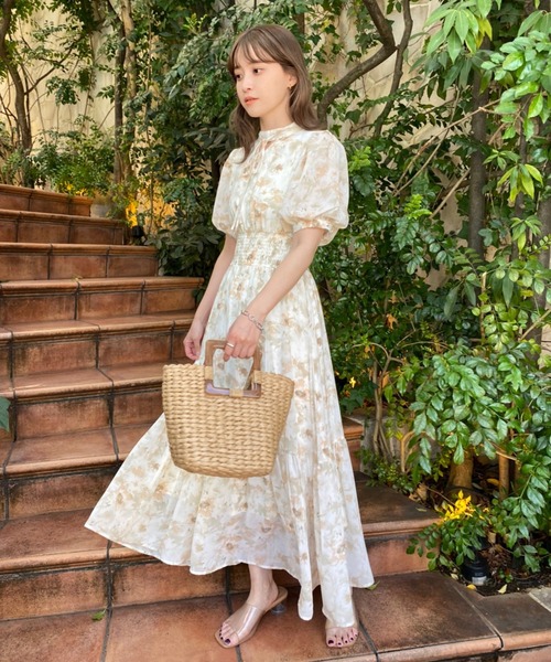 NICE CLAUP 水彩柄シャーリングワンピース 水色 one after another NICE CLAUP - NICE CLAUP 水彩花柄