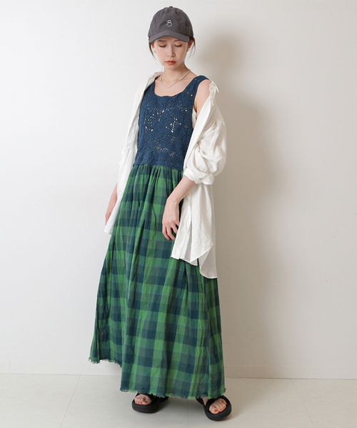 SLOBE IENA(スローブイエナ)の「クロシェドッキングリネンワンピース(ワンピース・レディース・オレンジ/グリーン・FREE)」の4枚目の写真