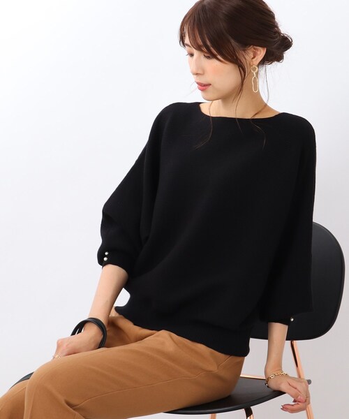 DRESKIP（ドレスキップ）の「◆【袖口のパールが上品見え】リブ編みドルマンスリーブ ニット（ニット/セーター・レディース・グリーン/ピンク系/イエロー/ライトベージュ/パープル系4/ブラック/チャコールグレー/ブルー・00）」の2枚目の写真