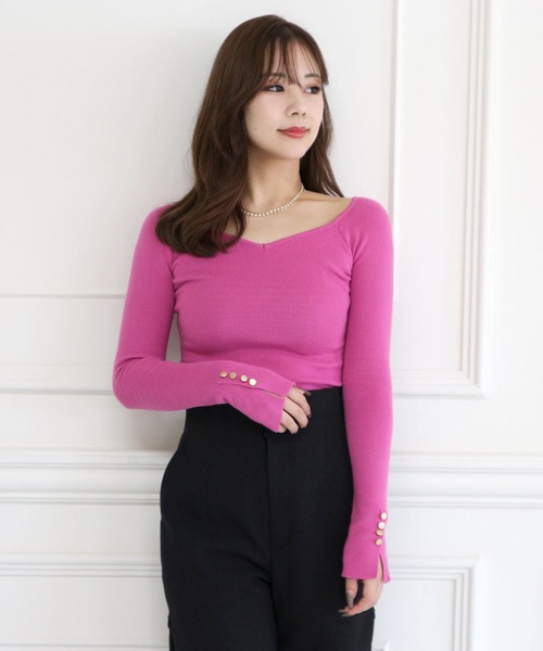 ROYAL PARTY（ロイヤルパーティー）の「ウォッシャブルオープンネックニットトップス（ニット/セーター・レディース・オフホワイト/ピンク/マルチ/ベージュ/ブラック・FREE）」の4枚目の写真