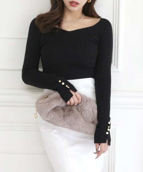 ROYAL PARTY（ロイヤルパーティー）の「ウォッシャブルオープンネックニットトップス（ニット/セーター・レディース・オフホワイト/ピンク/マルチ/ベージュ/ブラック・FREE）」の3枚目の写真