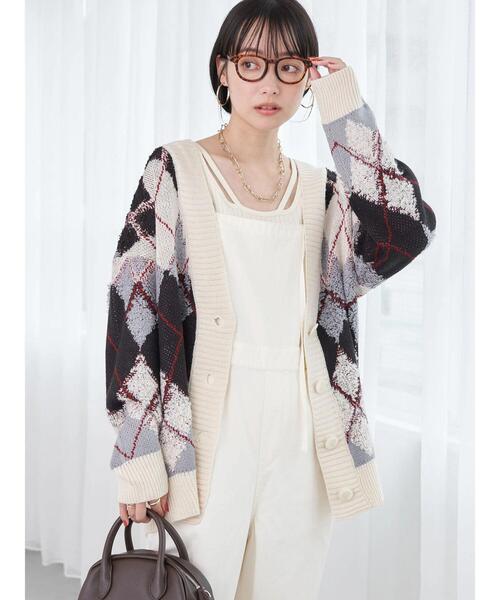 earth music&ecology(アースミュージックアンドエコロジー)の「ループ編みアーガイルカーディガン knit cardigan(カーディガン/ボレロ・レディース・グレー/イエロー/グリーン・FREE)」の4枚目の写真