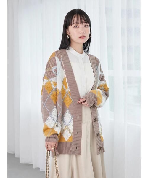 earth music&ecology(アースミュージックアンドエコロジー)の「ループ編みアーガイルカーディガン knit cardigan(カーディガン/ボレロ・レディース・グレー/イエロー/グリーン・FREE)」の5枚目の写真