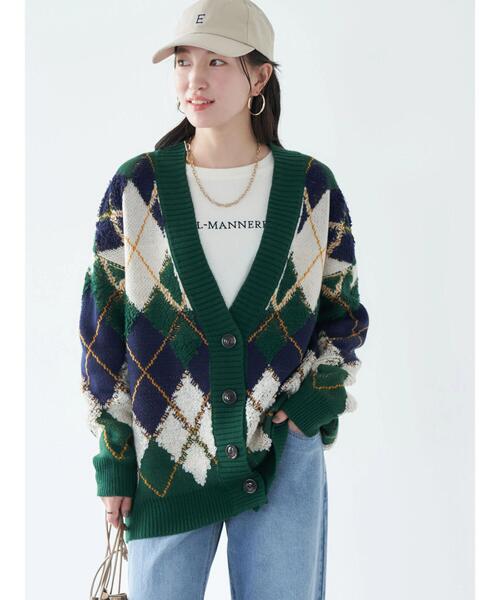earth music&ecology(アースミュージックアンドエコロジー)の「ループ編みアーガイルカーディガン knit cardigan(カーディガン/ボレロ・レディース・グレー/イエロー/グリーン・FREE)」の6枚目の写真