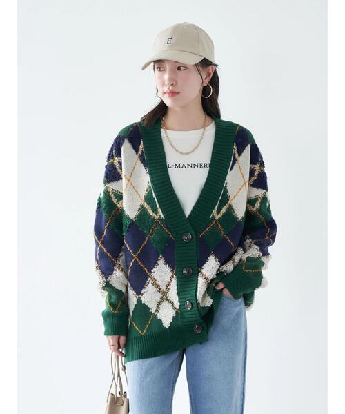 earth music&ecology(アースミュージックアンドエコロジー)の「ループ編みアーガイルカーディガン knit cardigan(カーディガン/ボレロ・レディース・グレー/イエロー/グリーン・FREE)」の7枚目の写真