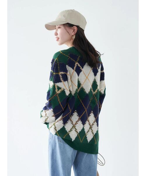 earth music&ecology(アースミュージックアンドエコロジー)の「ループ編みアーガイルカーディガン knit cardigan(カーディガン/ボレロ・レディース・グレー/イエロー/グリーン・FREE)」の8枚目の写真