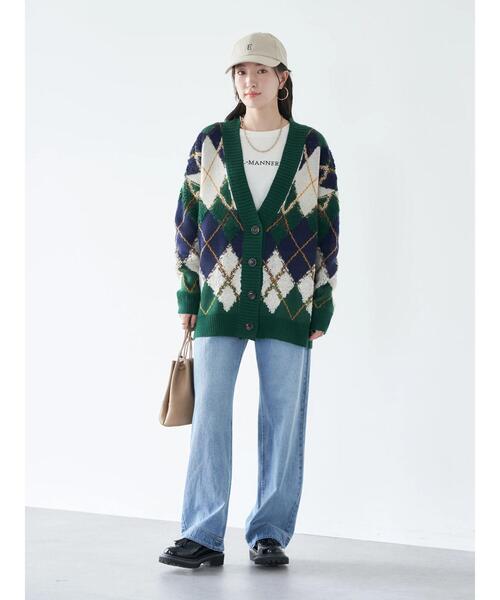 earth music&ecology(アースミュージックアンドエコロジー)の「ループ編みアーガイルカーディガン knit cardigan(カーディガン/ボレロ・レディース・グレー/イエロー/グリーン・FREE)」の9枚目の写真
