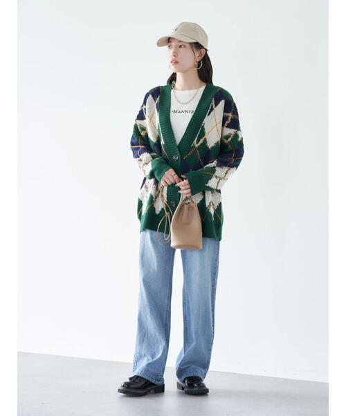 earth music&ecology(アースミュージックアンドエコロジー)の「ループ編みアーガイルカーディガン knit cardigan(カーディガン/ボレロ・レディース・グレー/イエロー/グリーン・FREE)」の10枚目の写真