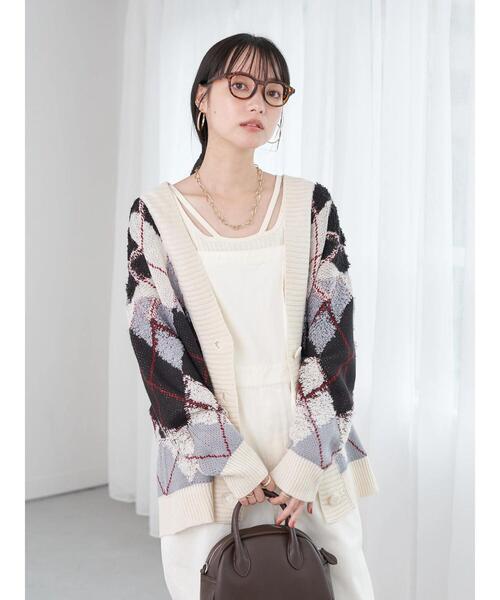 earth music&ecology(アースミュージックアンドエコロジー)の「ループ編みアーガイルカーディガン knit cardigan(カーディガン/ボレロ・レディース・グレー/イエロー/グリーン・FREE)」の12枚目の写真