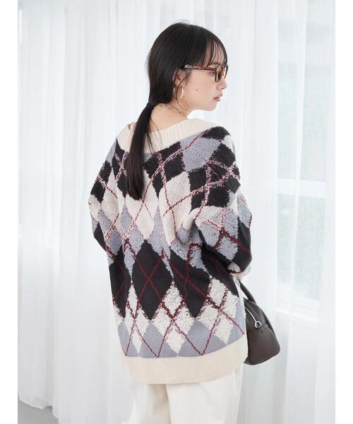 earth music&ecology(アースミュージックアンドエコロジー)の「ループ編みアーガイルカーディガン knit cardigan(カーディガン/ボレロ・レディース・グレー/イエロー/グリーン・FREE)」の14枚目の写真