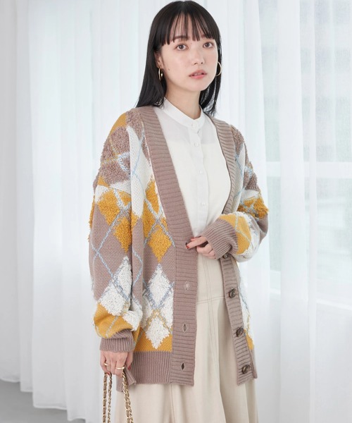 earth music&ecology(アースミュージックアンドエコロジー)の「ループ編みアーガイルカーディガン knit cardigan(カーディガン/ボレロ・レディース・グレー/イエロー/グリーン・FREE)」の3枚目の写真