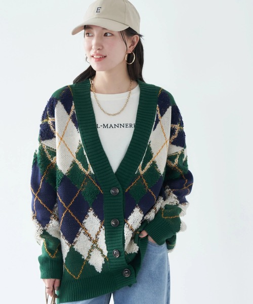 earth music&ecology(アースミュージックアンドエコロジー)の「ループ編みアーガイルカーディガン knit cardigan(カーディガン/ボレロ・レディース・グレー/イエロー/グリーン・FREE)」の2枚目の写真