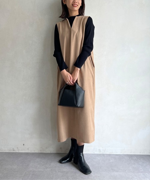 Chez toi（シェトワ）の「ニット×キーネックワンピース（ワンピース・レディース・チャコールグレー/ベージュ/ピンク・FREE）」の3枚目の写真