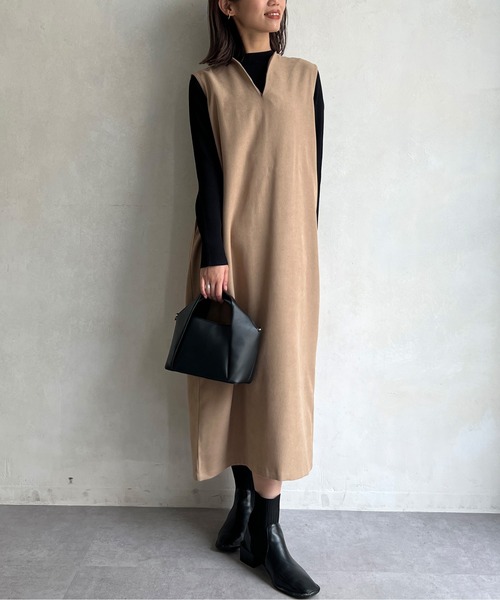 Chez toi（シェトワ）の「ニット×キーネックワンピース（ワンピース・レディース・チャコールグレー/ベージュ/ピンク・FREE）」の12枚目の写真