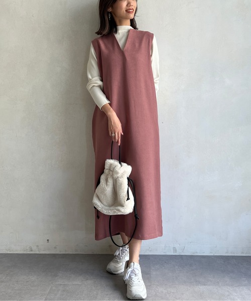 Chez toi（シェトワ）の「ニット×キーネックワンピース（ワンピース・レディース・チャコールグレー/ベージュ/ピンク・FREE）」の18枚目の写真