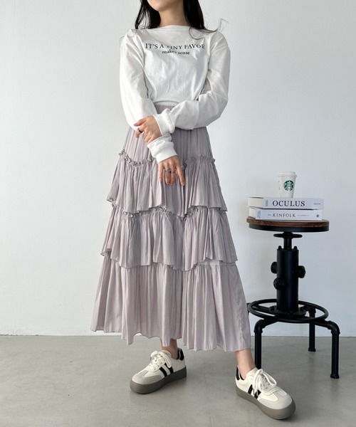 美品ELENDEEK ギャザーティアードスカートアイボリーロングスカート