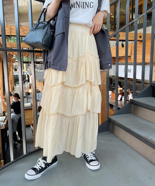 CLEA（クレア）の「Iラインギャザーティアードロングスカート（スカート・レディース・ホワイト/ブラック/ベージュ/アイボリー/グレイッシュベージュ/チャコールグレー/カーキ・FREE/L）」の19枚目の写真