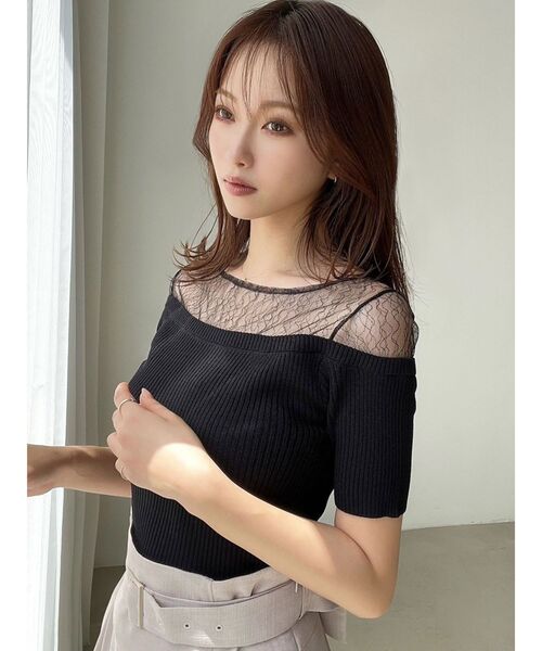 RESEXXY（リゼクシー）の「レースレイヤードリブニットトップス（ニット/セーター・レディース・アイボリー/レッド/ブラック・FREE）」の4枚目の写真