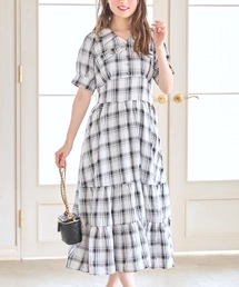 くるみ飾り釦付きチェック柄シャツティアードワンピース