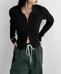 【LVEU.】ダブルジップショートリブニットトップス / トップス ニット リブ ダブルジップ ホワイト ブラック クロップド ショート丈 ZOZOTOWN限定