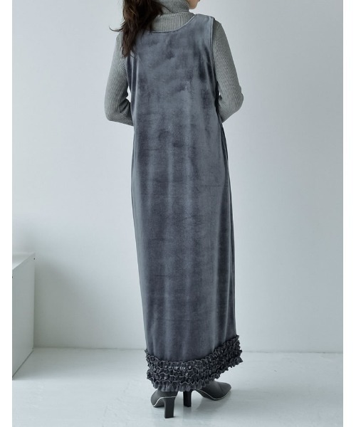 セール】[低身長サイズ有]深Vネック裾フリルベロアワンピース