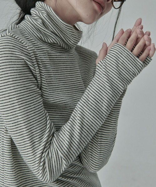 gossip!ロサンゼルス(ゴシップロサンゼルス)の「ボーダー柄 タートルネック 長袖トップス 日常&シンプル(Tシャツ/カットソー・レディース・ホワイト/ブラック・FREE)」の11枚目の写真