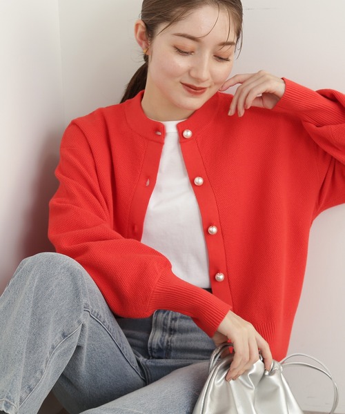 N.（N. Natural Beauty Basic）（エヌエヌナチュラルビューティーベーシック）の「◆パールボタンカノコニットカーディガン（カーディガン/ボレロ・レディース・オフホワイト/チャコール/レッド・MEDIUM）」の3枚目の写真