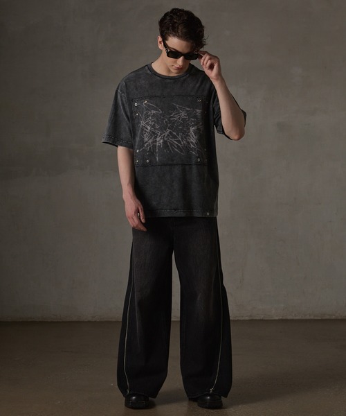 GRANCY グラフィック黒ロンT GRANCY】LinestoneDesign Graphic Damage LongTee / ライン