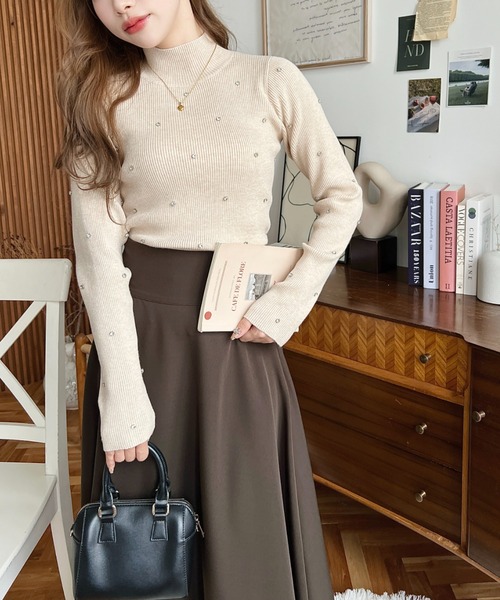 MUVEIL ミュベール リブニット ビジュー タートルネック ハイネック MUVEIL ミュベール リブニット ビジュー タートルネック ハイネック