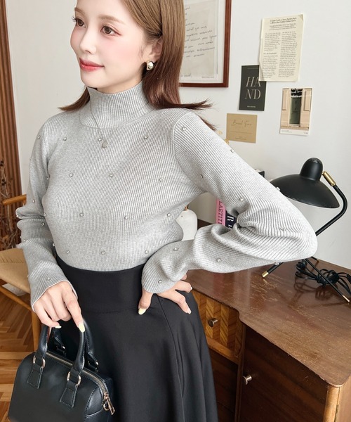 セール】ビジューハイネックリブニットプルオーバー（ニット/セーター
