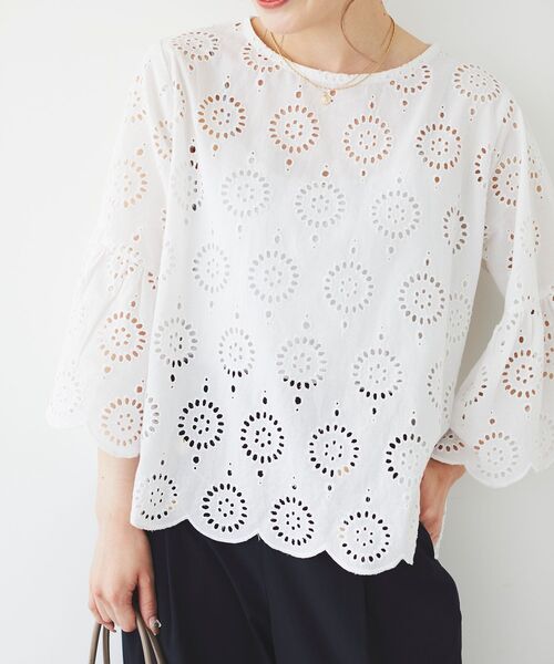 le.coeur blanc（ルクールブラン）の「カットワークレースフレアスリーブブラウス（シャツ/ブラウス・レディース・オフホワイト/マスタード/ブラック・38）」の9枚目の写真